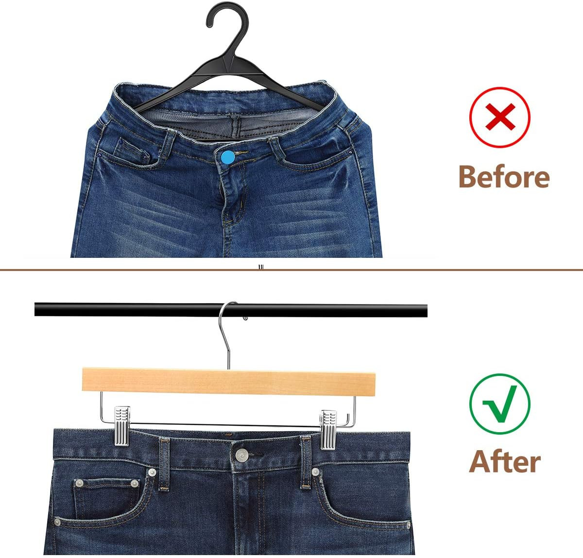 20Pcs Wooden Pants Hangers Solid Pants Hanger with Adjustable Clips 14 Inch N...