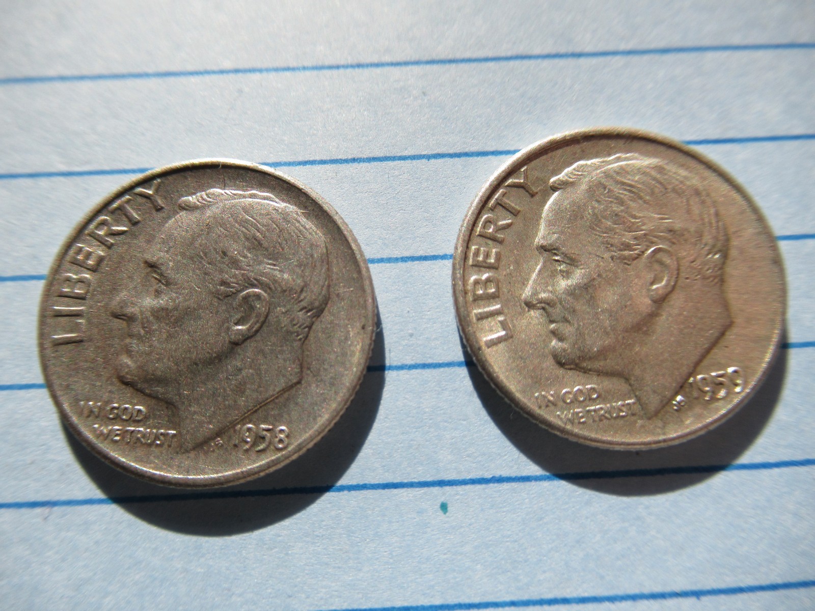 1958 P & 1959 D Roosevelt Silver Dimes VG - VF m
