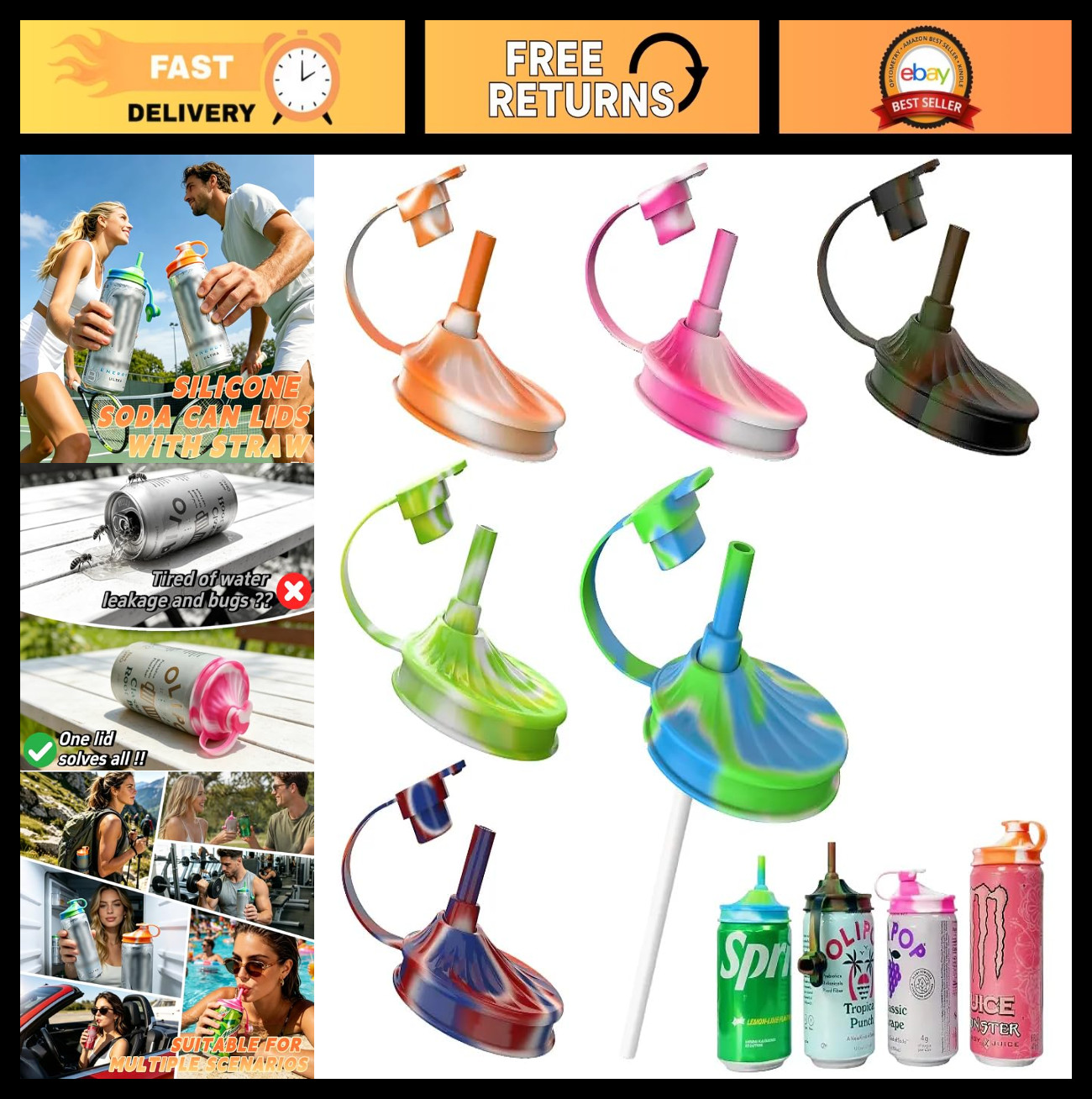 6 Pack Reusable Silicone Soda Can Lids with Straw, BPA-Free Beverage Covers