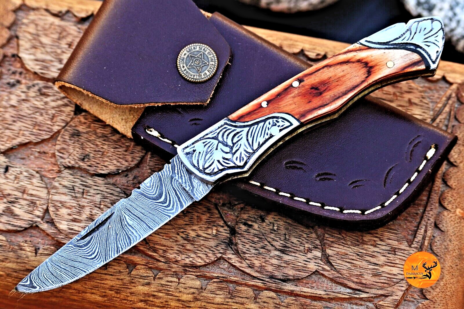 CUSTOM HANDMADE FORGED DAMASCUS STEEL FOLDING BLADE POCKET KNIFE W SHEATH 878
