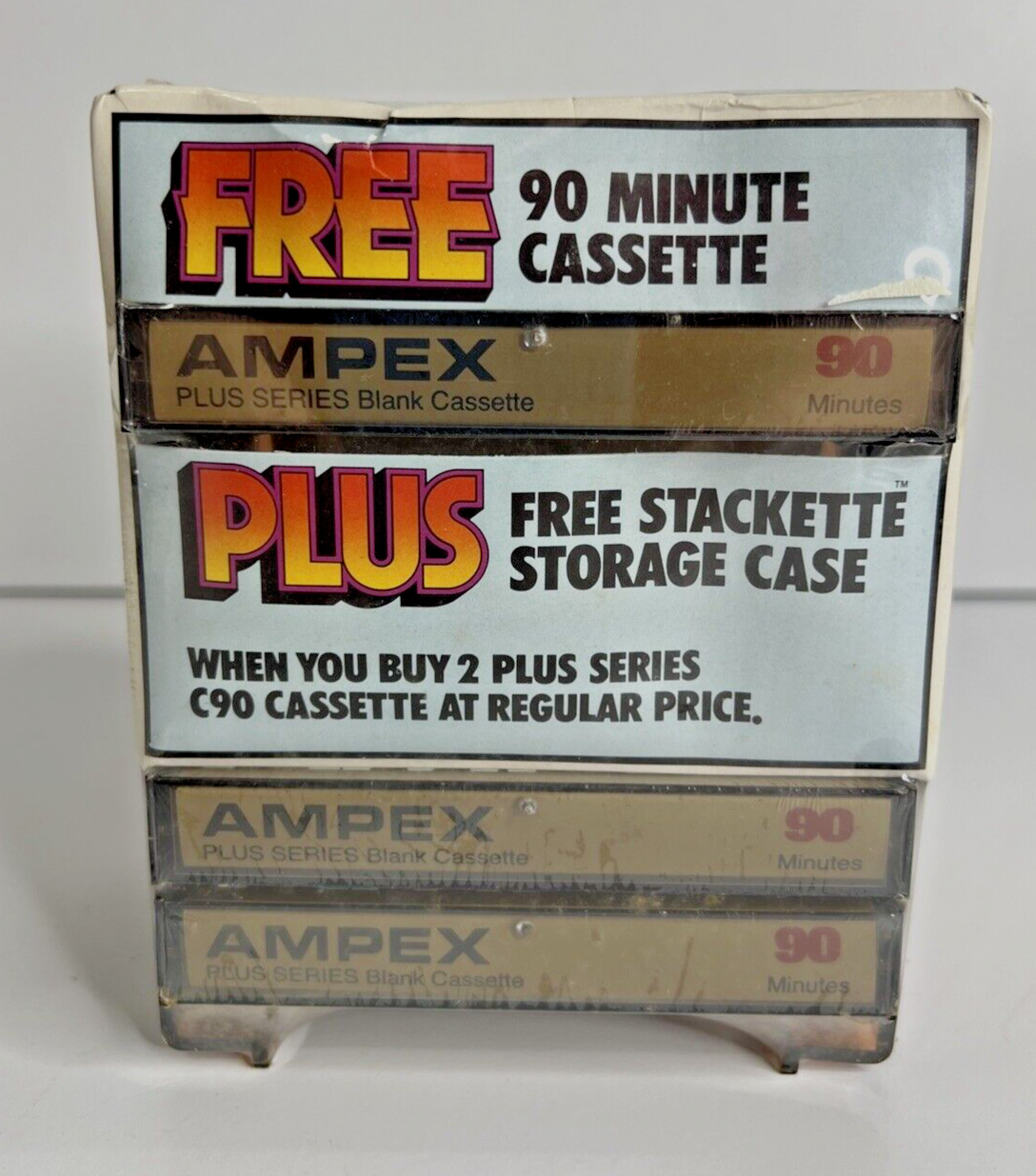3 Sealed AMPEX Plus Series 90 Minute Blank Cassette Tapes & Stackette Case 70's