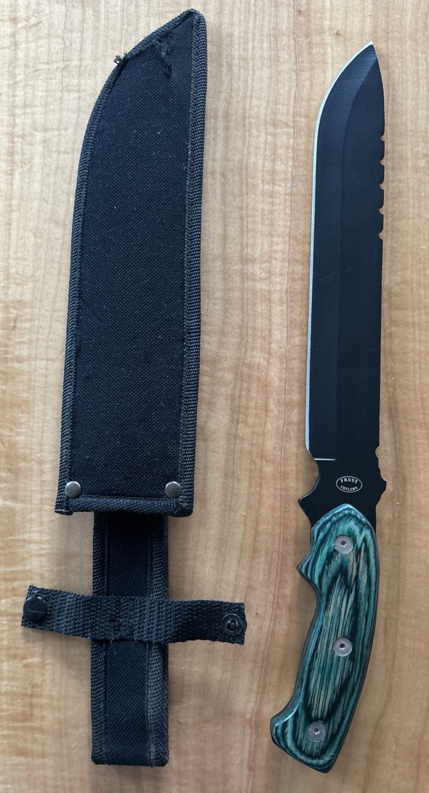 Frost Cutlery 14" Fixed Black Blade W/ Green Handle/Sheath