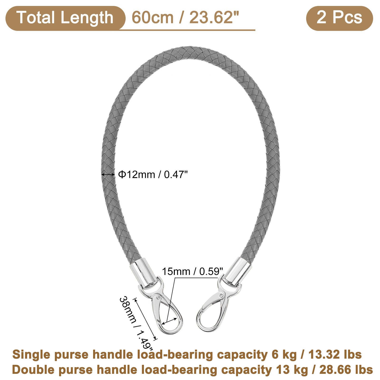 2Pcs 60cm Short Leather PU Braided Purse Replacement (Dark Gray, Silver)