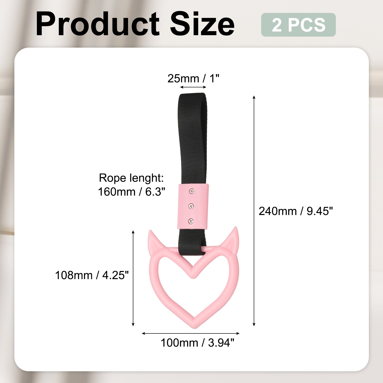 2 Pcs Evil Heart Shaped Car Handle Straps, Pink (Black Strap)