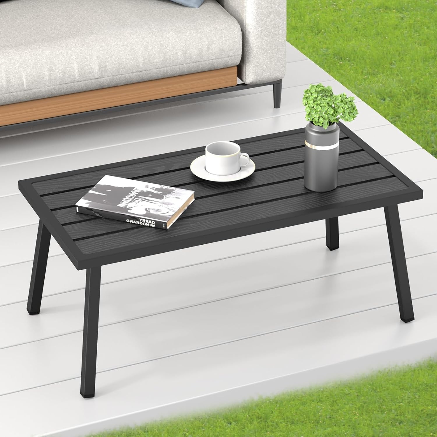Small Metal Outdoor Coffee Side Table Outside Patio Rectangle Black