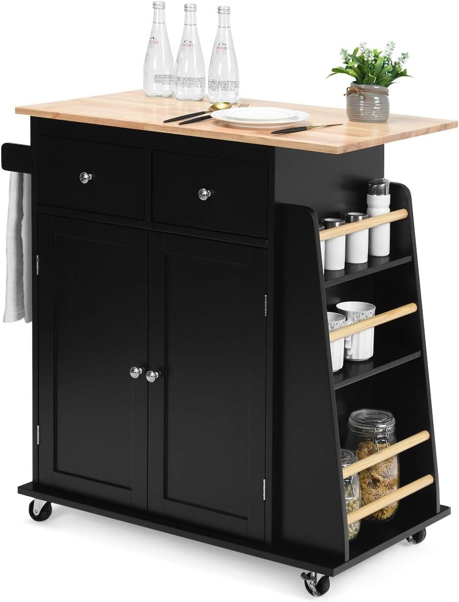 Kitchen Island Cart Rolling Wood Trolley W/ Storage Cabinet Towel Handle