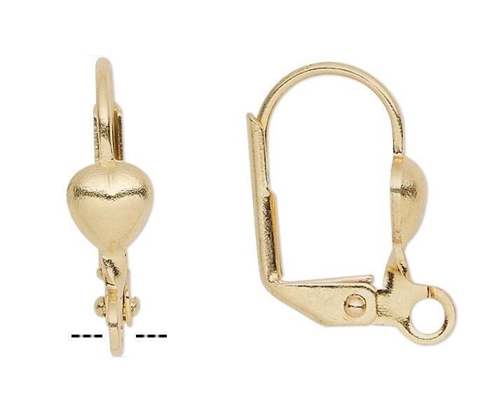 Ear Wire, Gold Plated Brass 16mm Hinged Ear wire with Loop & 5mm Heart