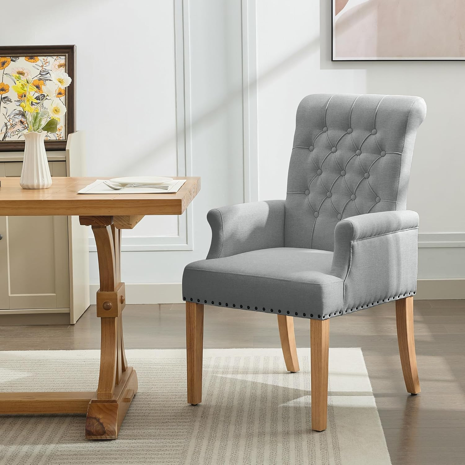 Fabric Dining Chair with Arms, Upholstered Tufted High Back Dining Room Chairs,