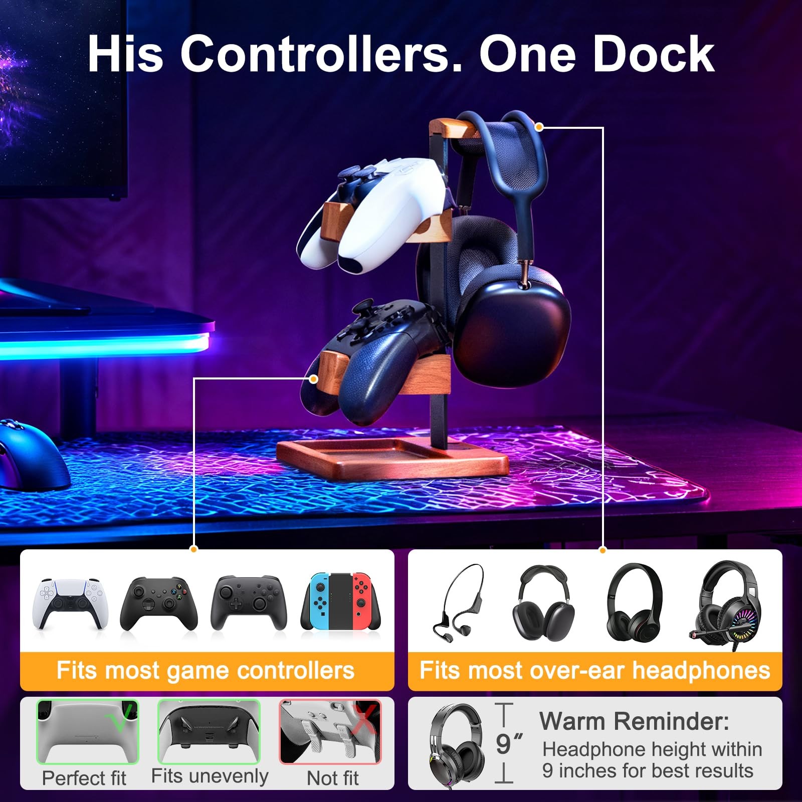 Solid Wood Controller Holder and Headphone Stand, Brown & Black