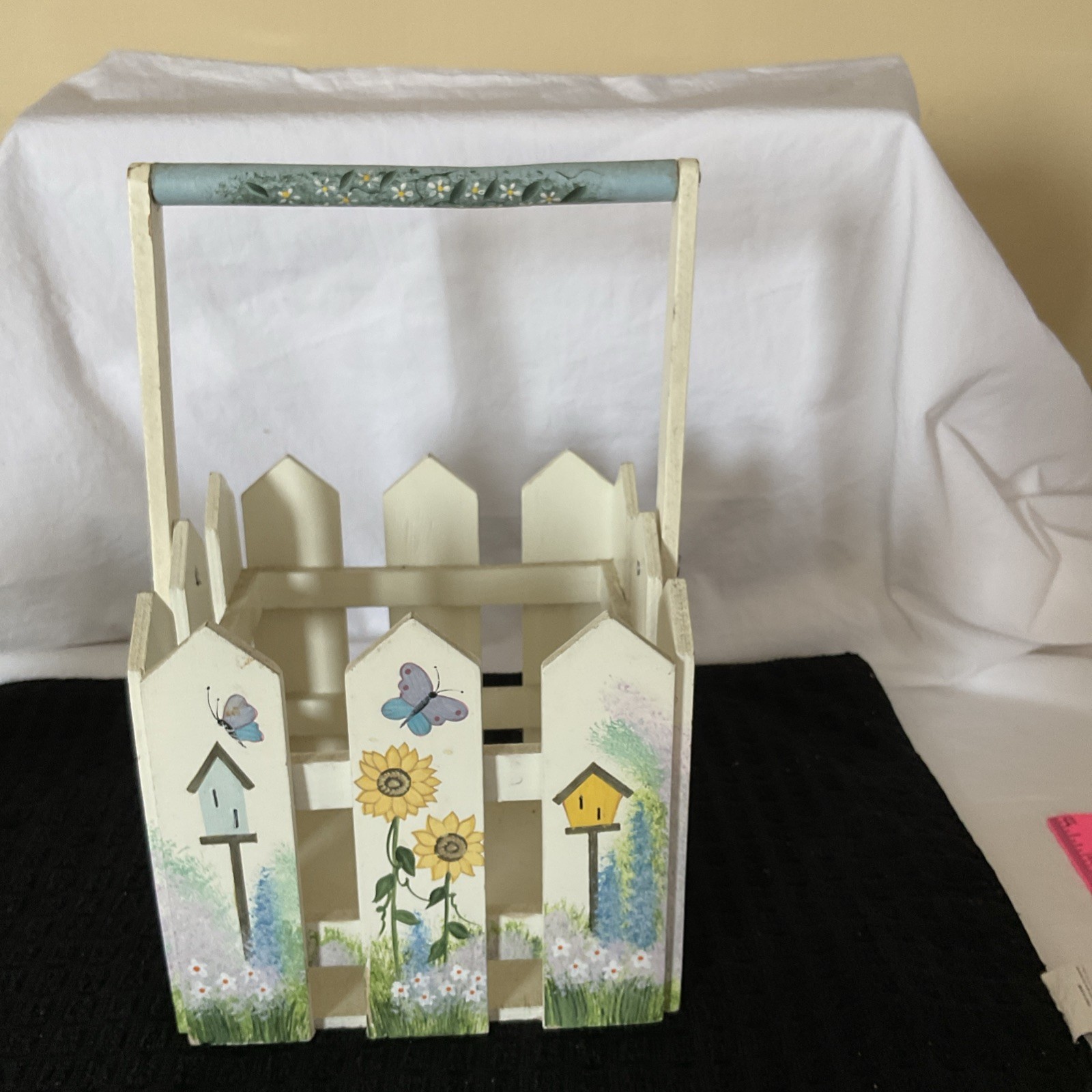 Kathy Hatch Butterfly & Sunflowers Hand Painted Picket Fence wood Basket