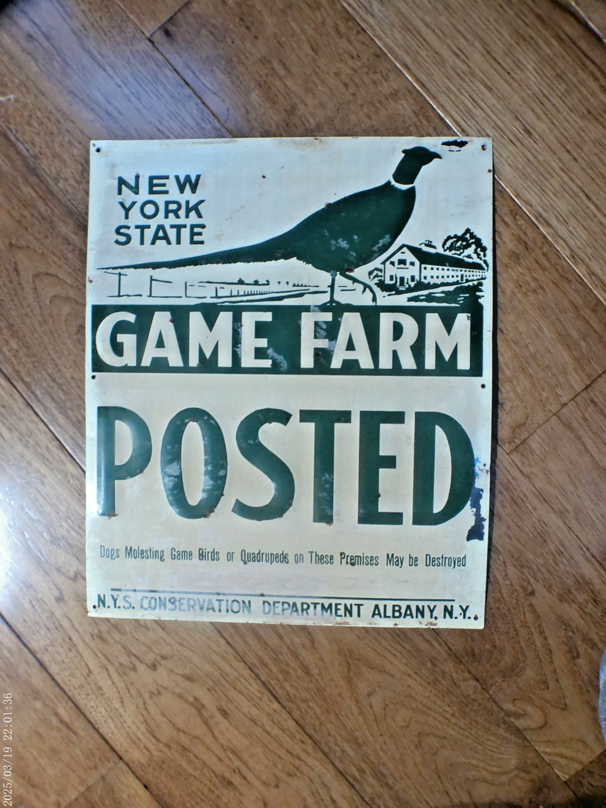 1920s 30s New York State Cooperative Game Management Hunting Pheasant Metal Sign