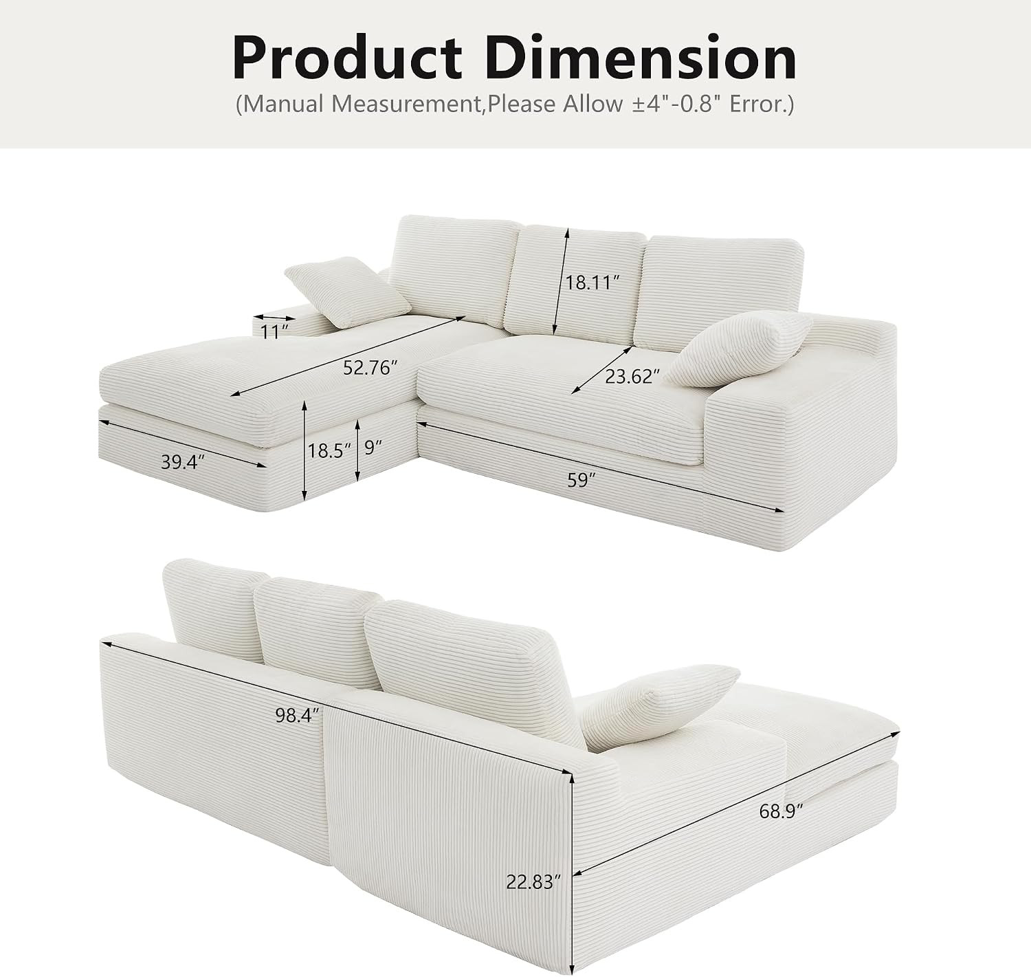 98.4" Modular Sectional Couch with Chaise, L-Shaped Modern Upholstered Sofa with