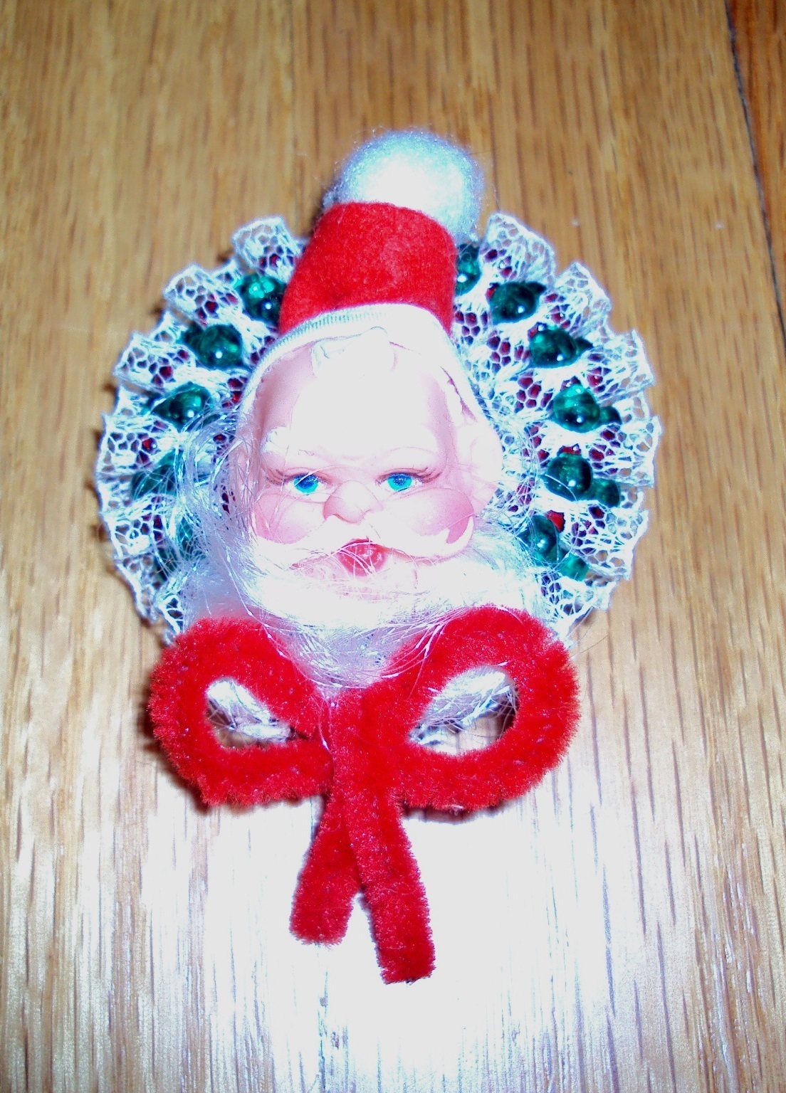 Completed Christmas Beaded and Lace Santa Pin 2.5" x 2.5"