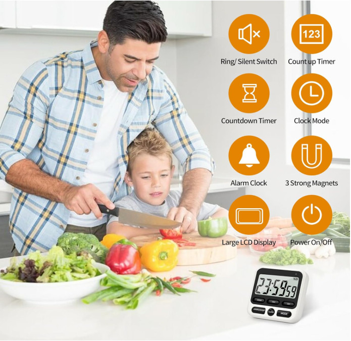 Digital Kitchen Timer 24 Hour Clock and Alarm Function with Silent or White