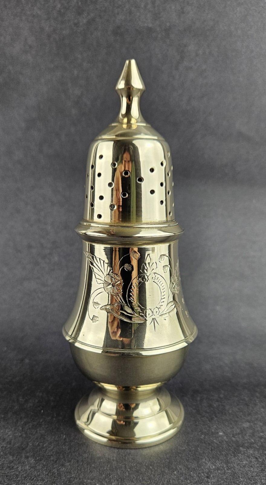 Brass Sugar Shaker or Sifter. Baluster-Shaped Body, Antique Silverware.