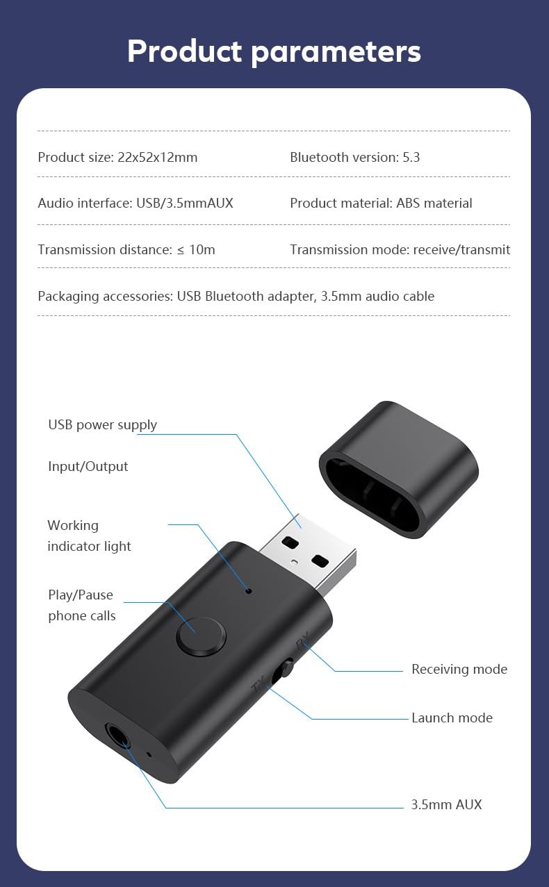 Bluetooth 5.3 Transmitter Receiver 3.5mm Aux Wireless USB Adapter with Mic