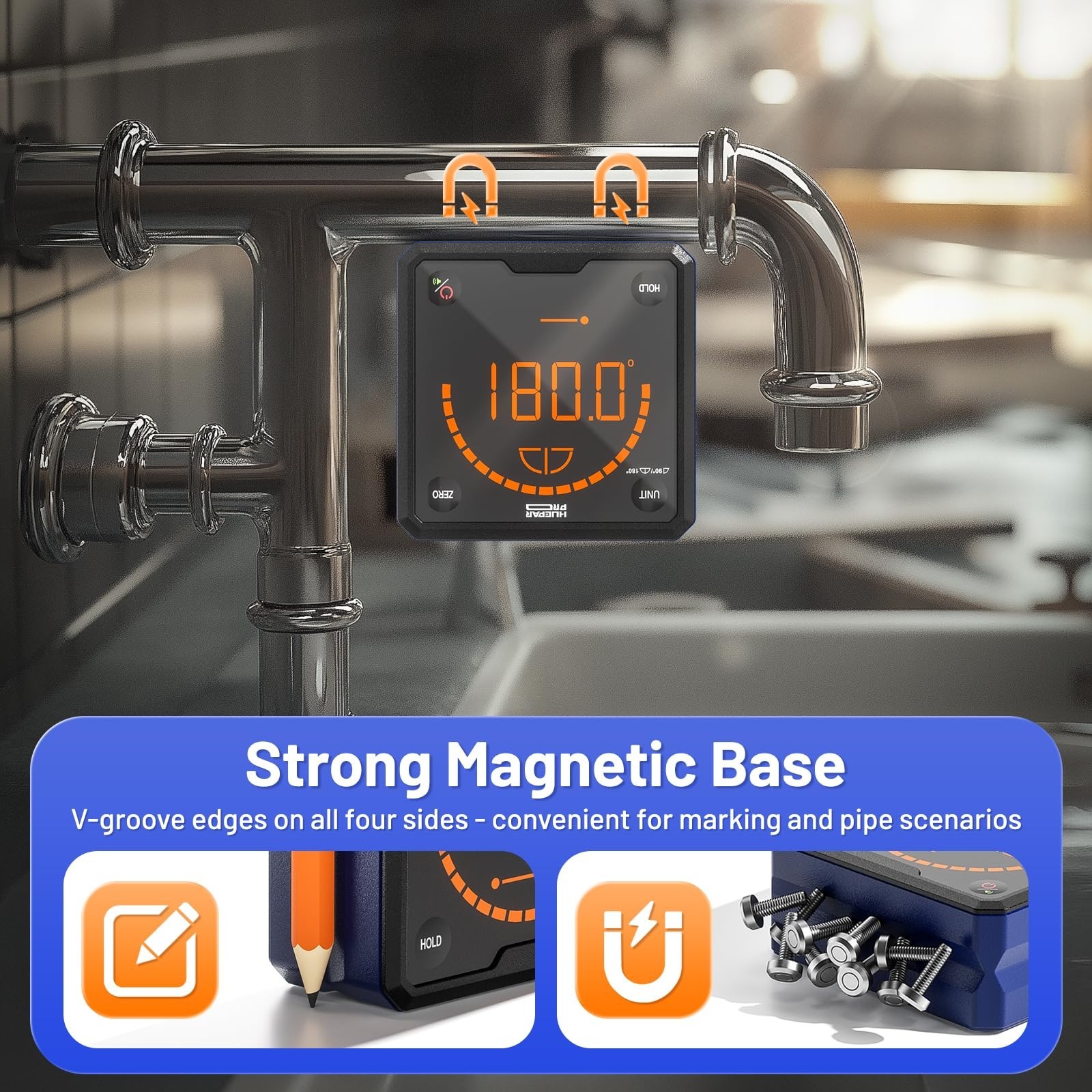 Digital Angle Gauge Level with V-Groove Magnetic Base & Backlit LCD - Protractor