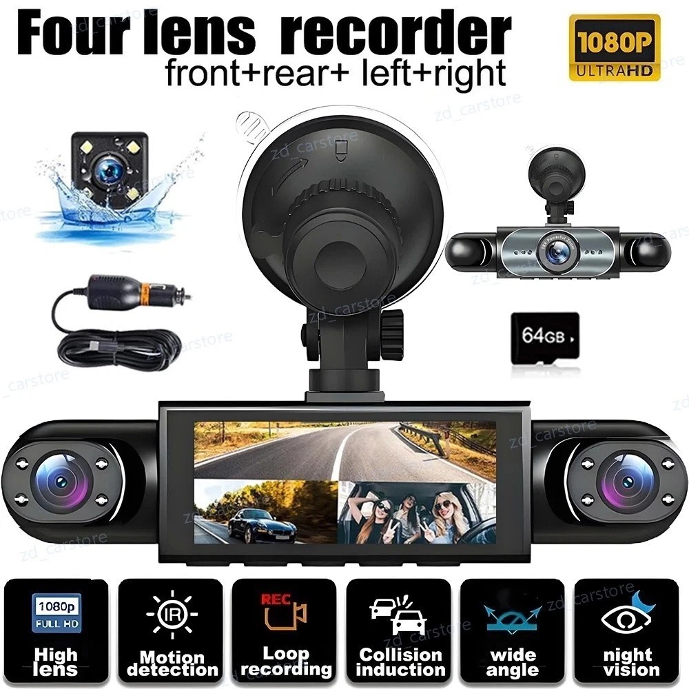 360° 4 Channel 1080P Car Dash Cam Front and Rear Inside Left Right + Camera USA