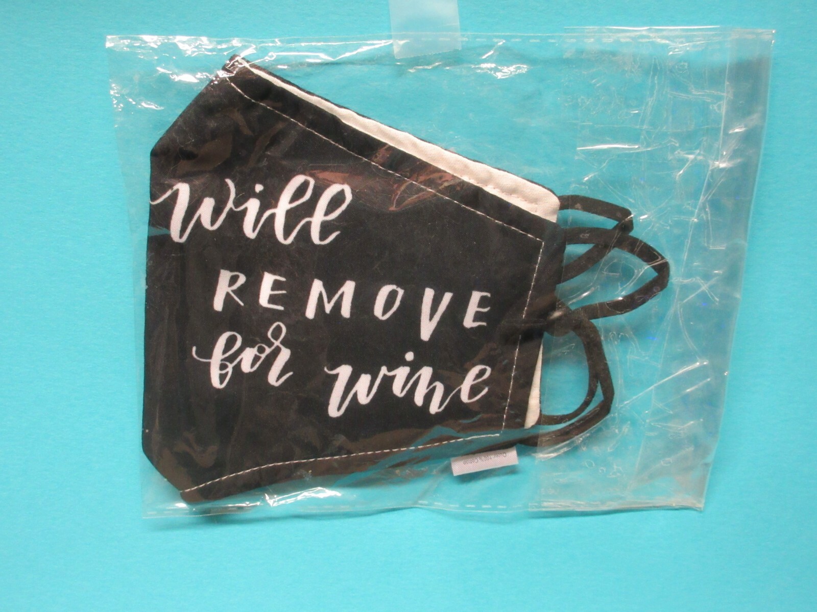 "Will Remove For Wine" black 100% cotton cloth mask with adjustable ear straps