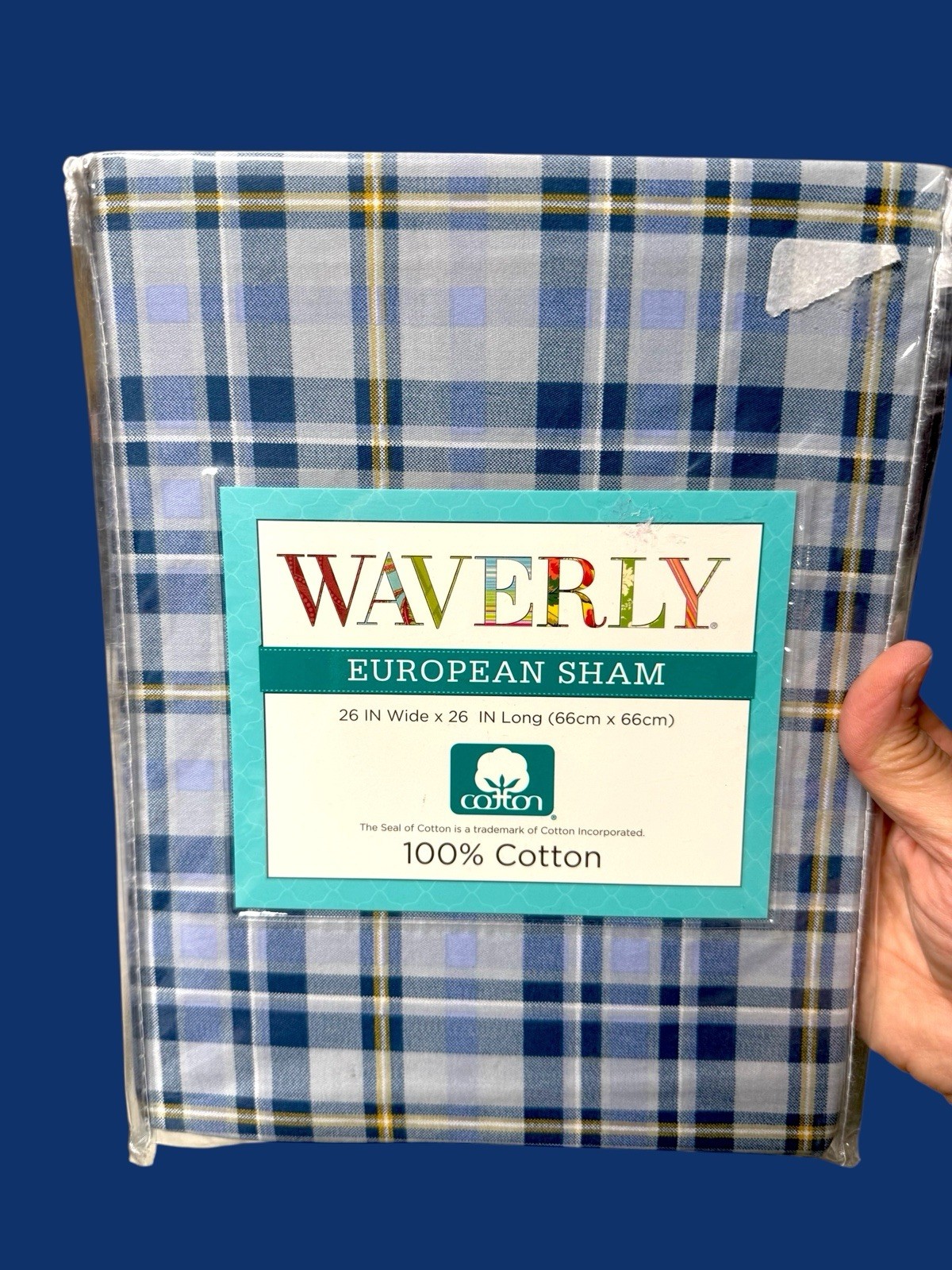Waverly 26” euro European pillow sham navy blue plaid preppy college dorm new