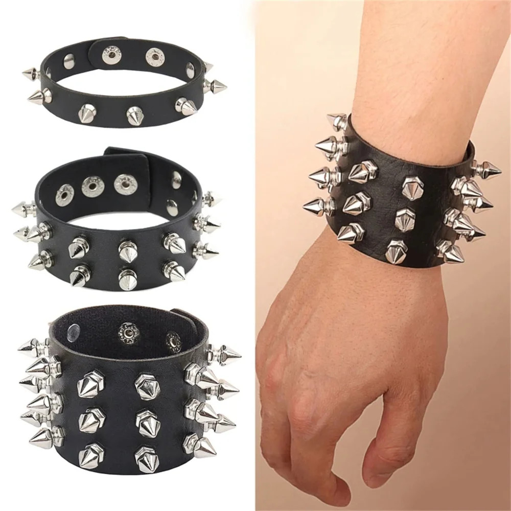 Pu Leather Studded Bracelet Choker Punk Spike Rivets Black Wristband Cuff Bangle