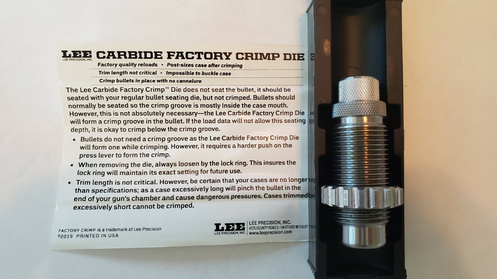 Lee 90863 Carbide Factory Crimp Die for 44 Special, Magnum, Russian