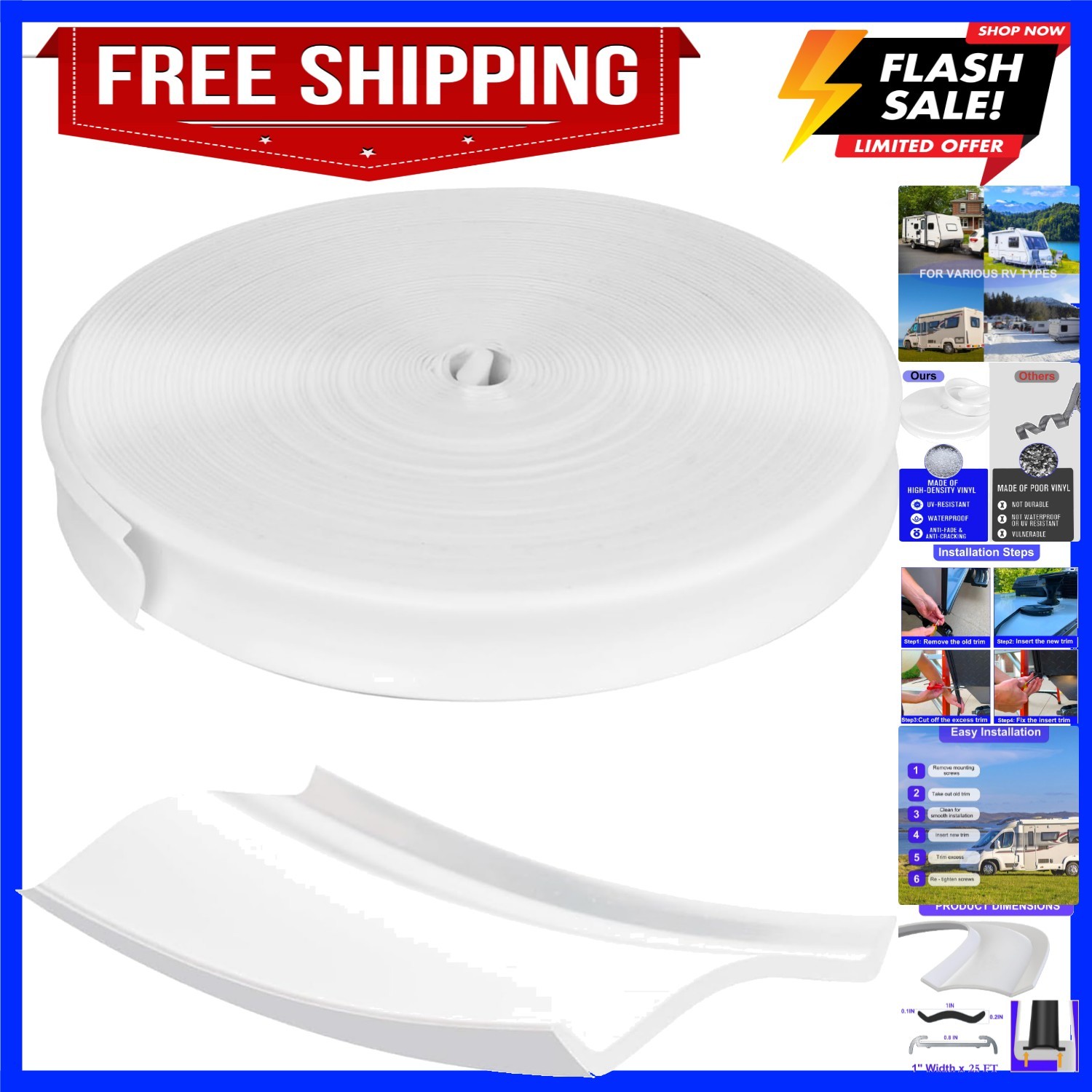 1'' RV Trim Molding Insert, Heavy Duty RV Weather Stripping Exterior Replacem...