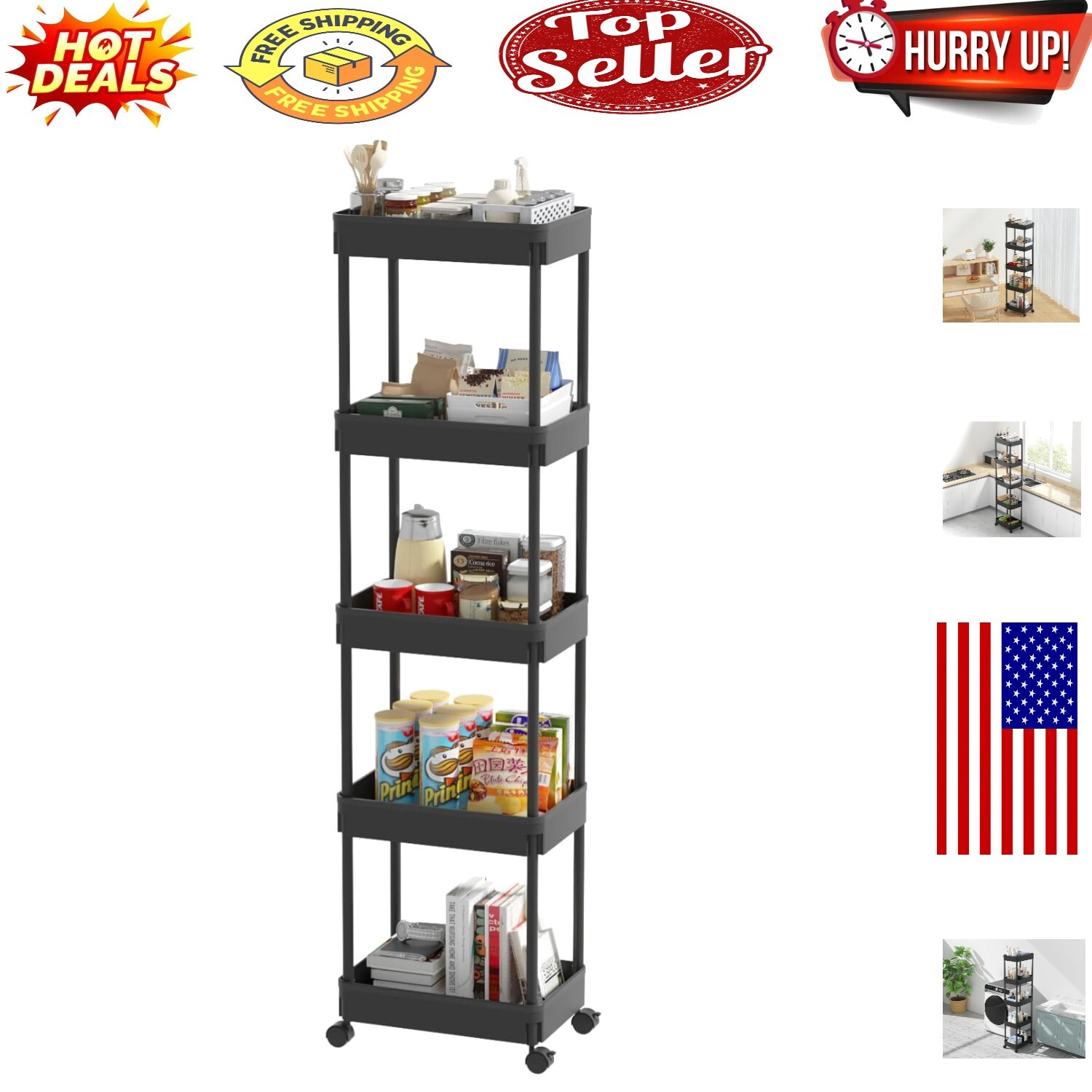 5-Tier Rolling Utility Cart with Wheels - Versatile Storage Trolley in Black