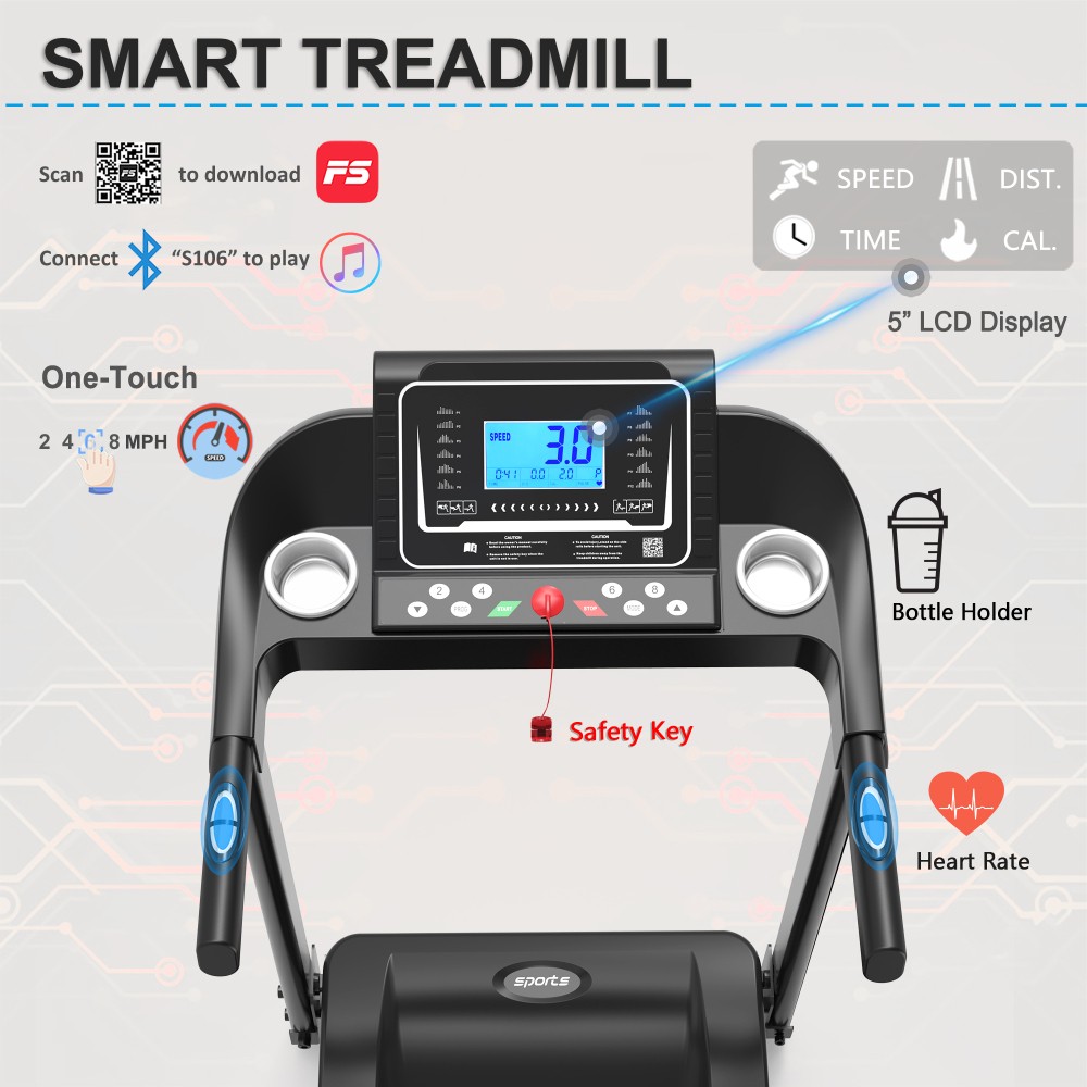 Foldable Incline Treadmill Folding Running Home Workout 5" LCD Screen Bluetooth
