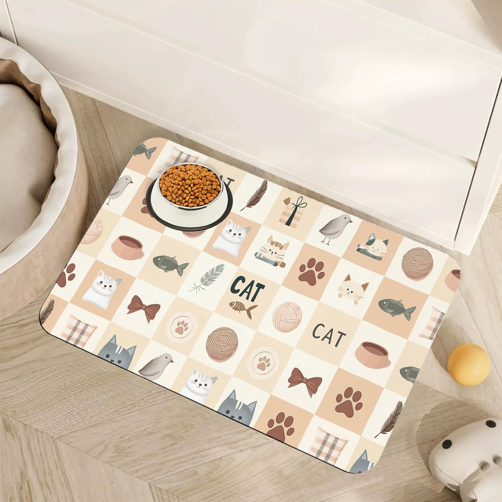 Cute Cat Toy Print Dog Food Mat for Floors,Absorbent Pet Food and Water Bowl ...