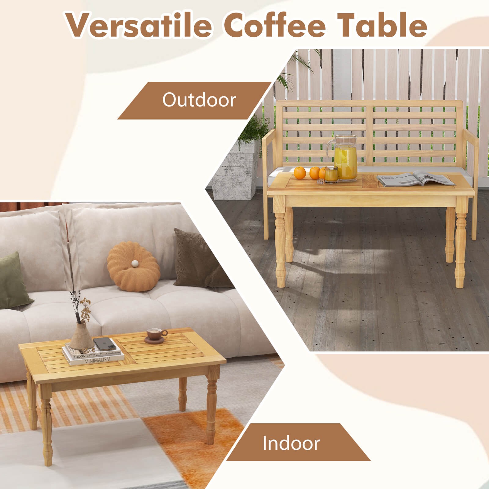 Patio Coffee Table with Solid Teak Wood Structure Slatted Tabletop for Backyard