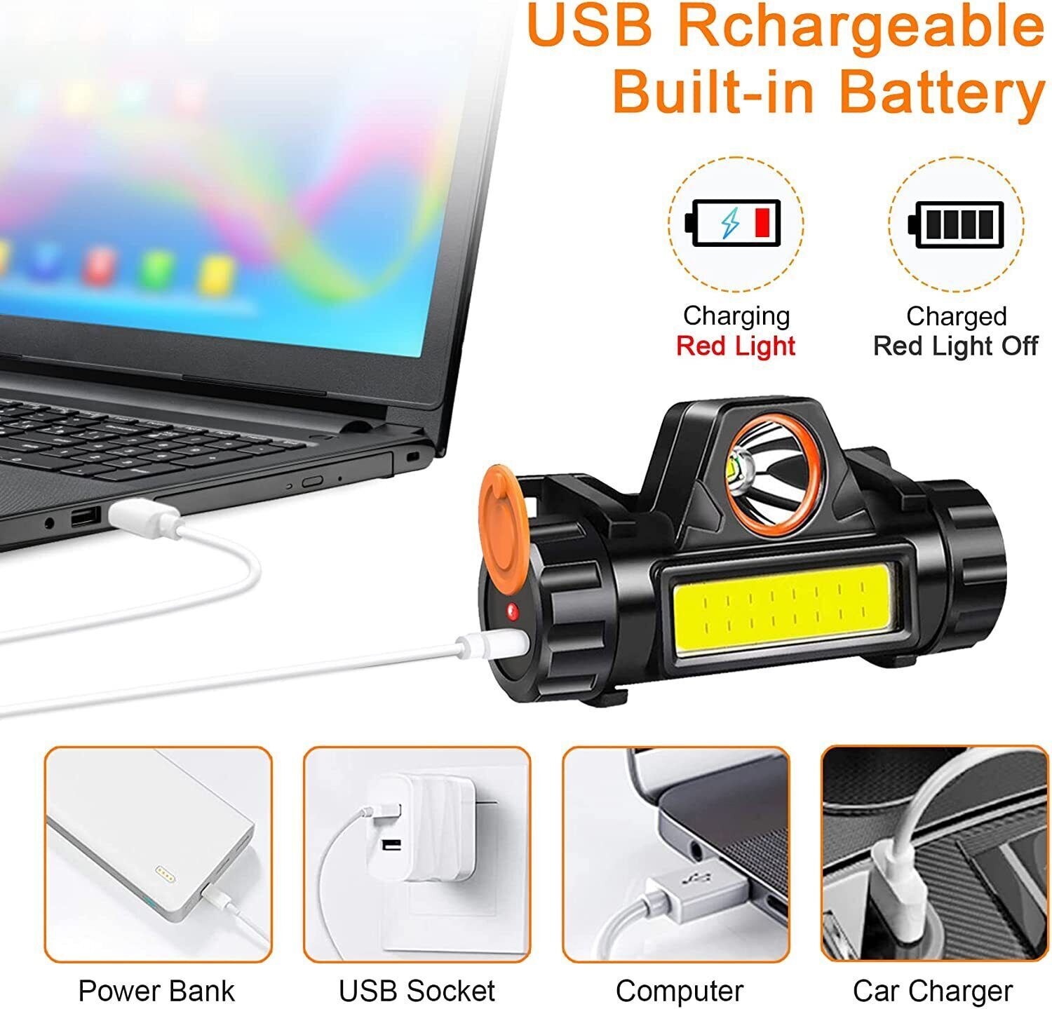 2 Pack LED Headlamp Headlight Flashlight USB Rechargeable Waterproof Head Light