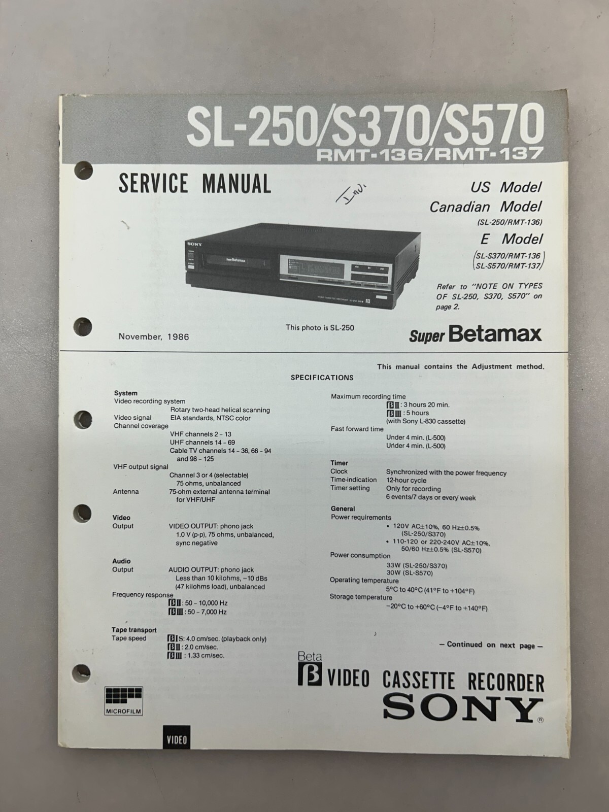 Sony SL-250 S370 S570 Original Service Manual Free Shipping