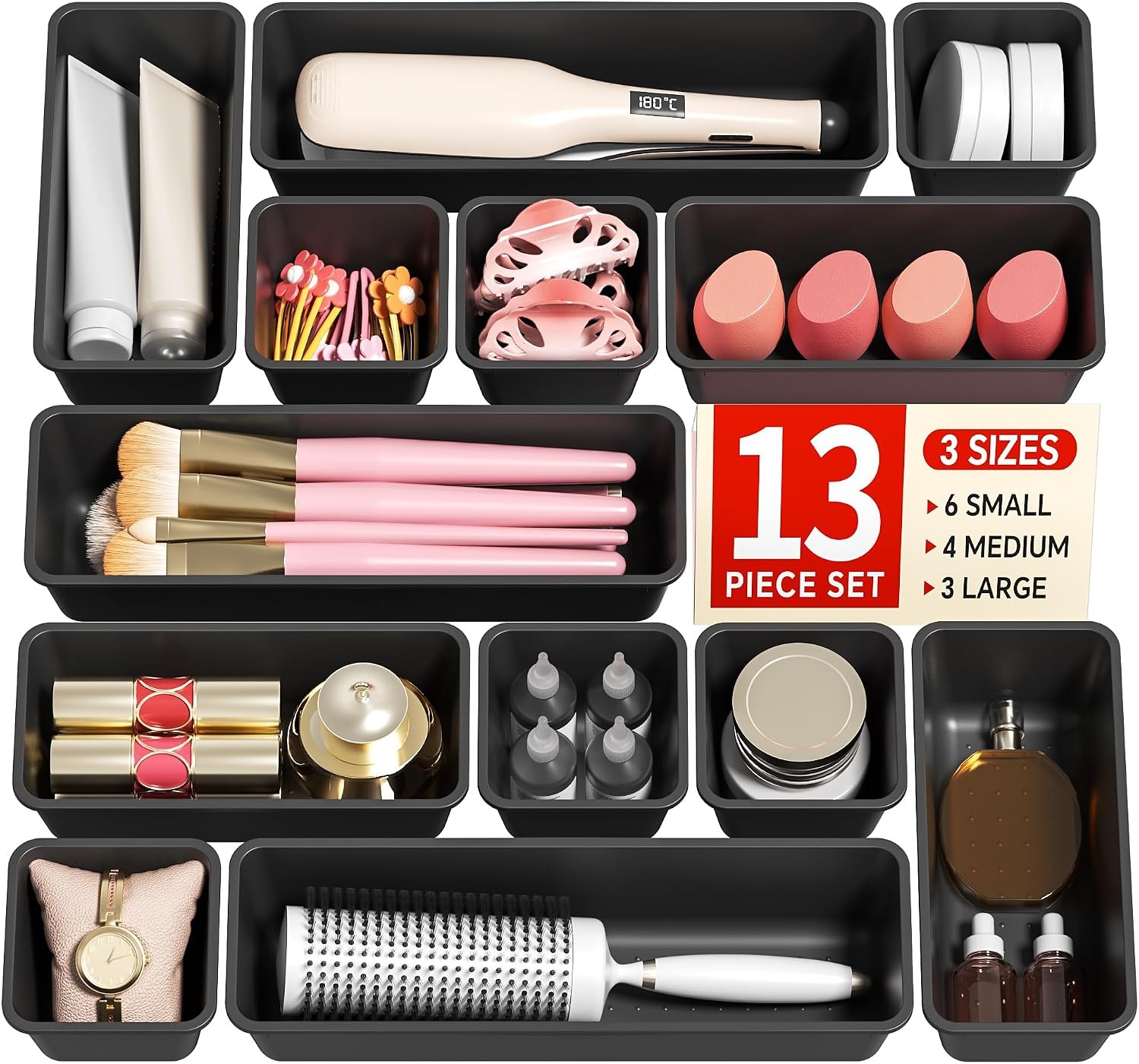 13 Pack Plastic Drawer Organizer Trays 3 Sizes for Makeup Kitchen Office Black