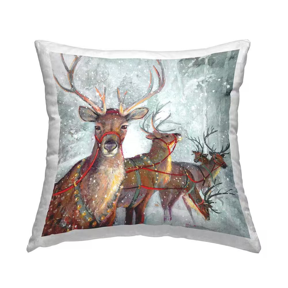 Winter Reindeer Holiday Herd Multi-Color Print Polyester 18In. X 18In. Throw Pil
