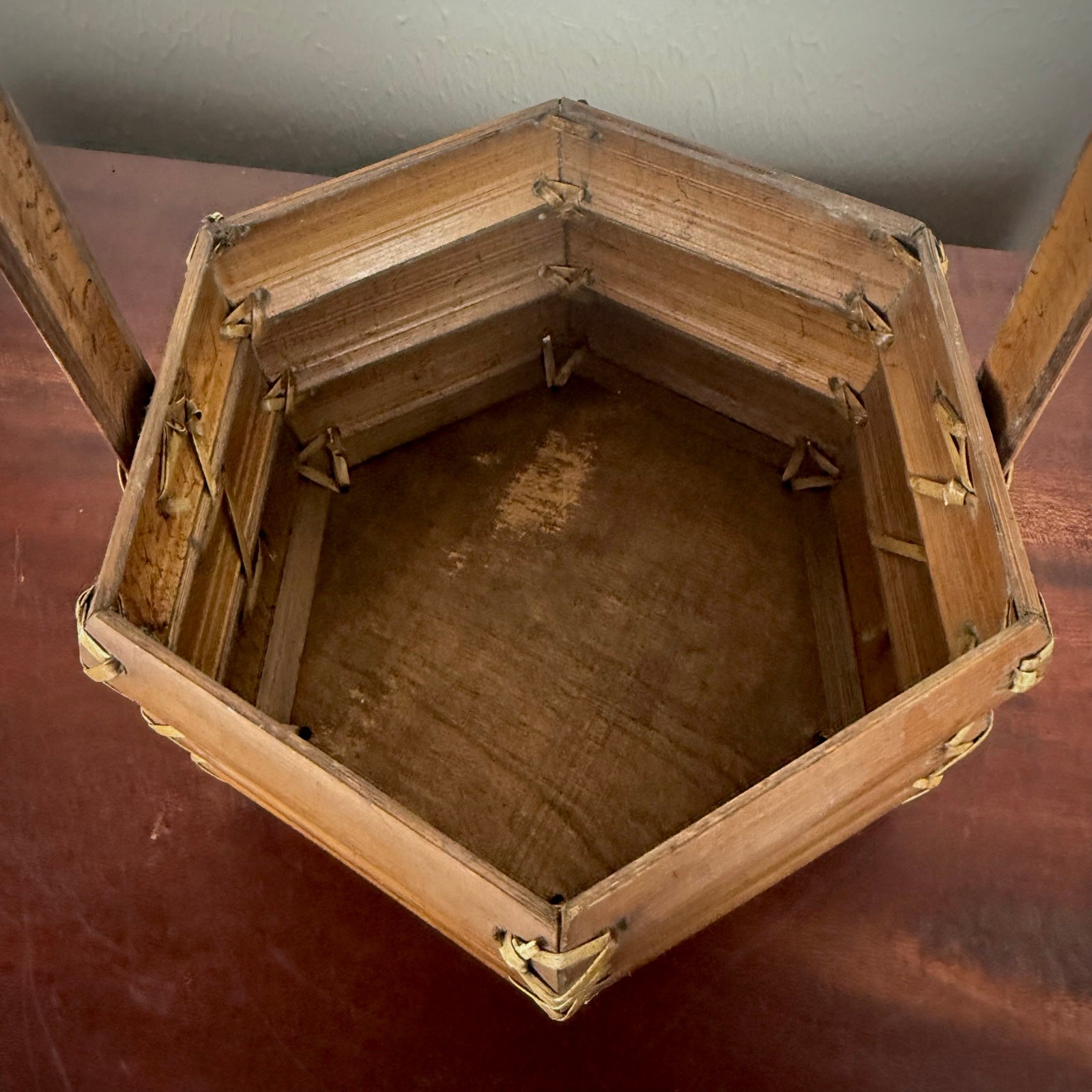 Hexagon Wood Basket with Handle 1970s Storage Decor
