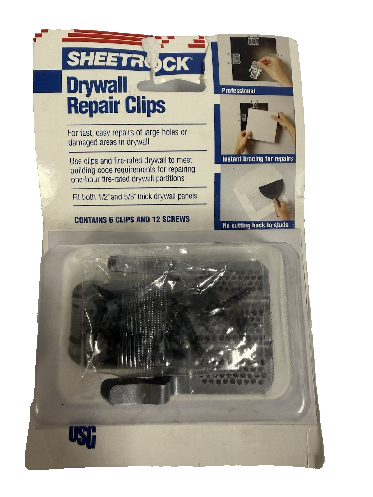 Sheetrock Metal Drywall Repair Clips  1/2" & 5/8" Sheetrock-6 Clips & 12 Screws