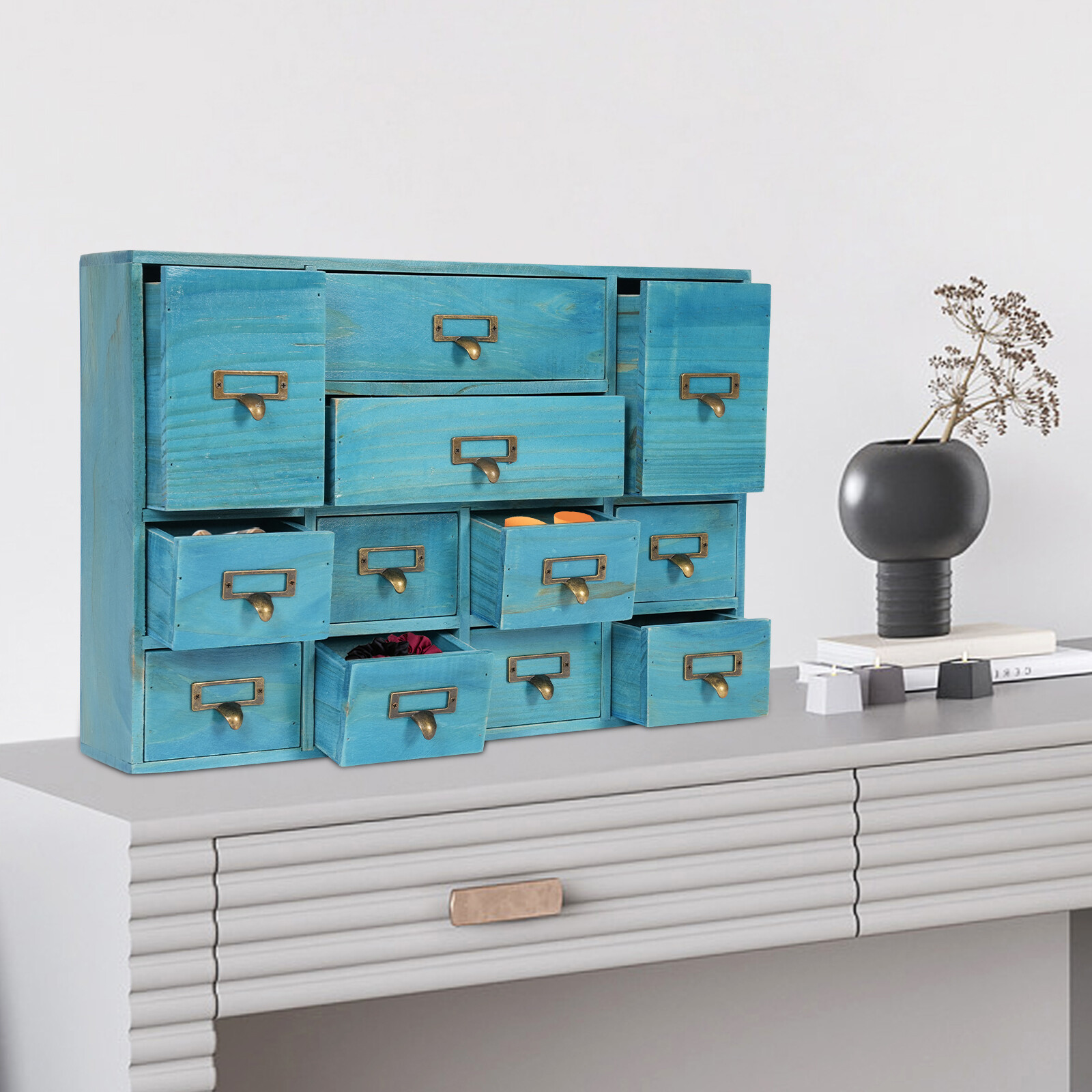 12Drawers Wooden Desktop Organizer Office Home Storage Case Cosmetic Dresser Box