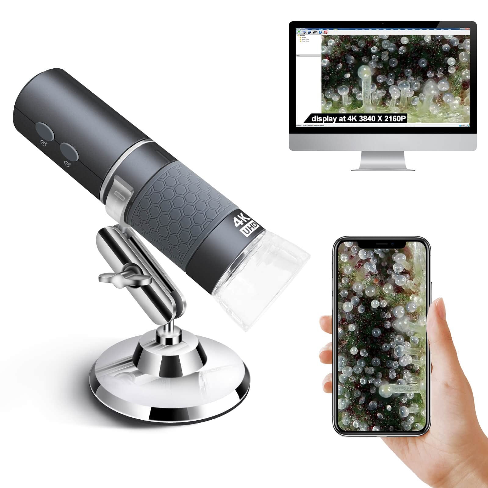 Ninyoon 4K WiFi Microscope for iPhone Android PC, 50-1000X USB Digital Grey