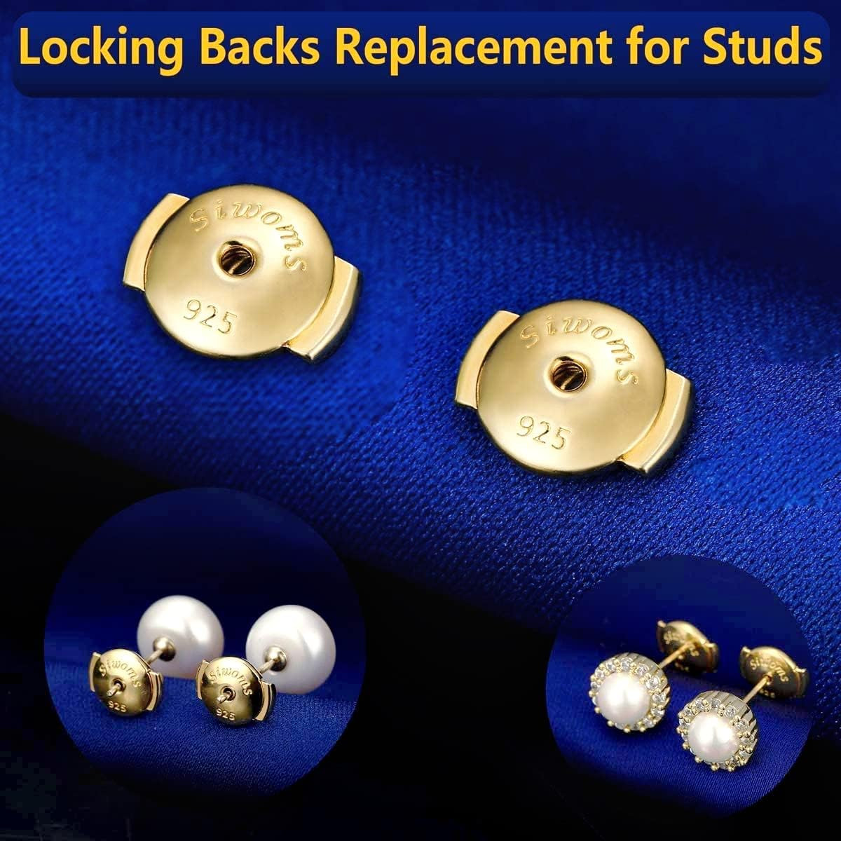 2-Pairs 14K Gold Locking Earring-Back Replacements for Studs, Hypoallergenic 925