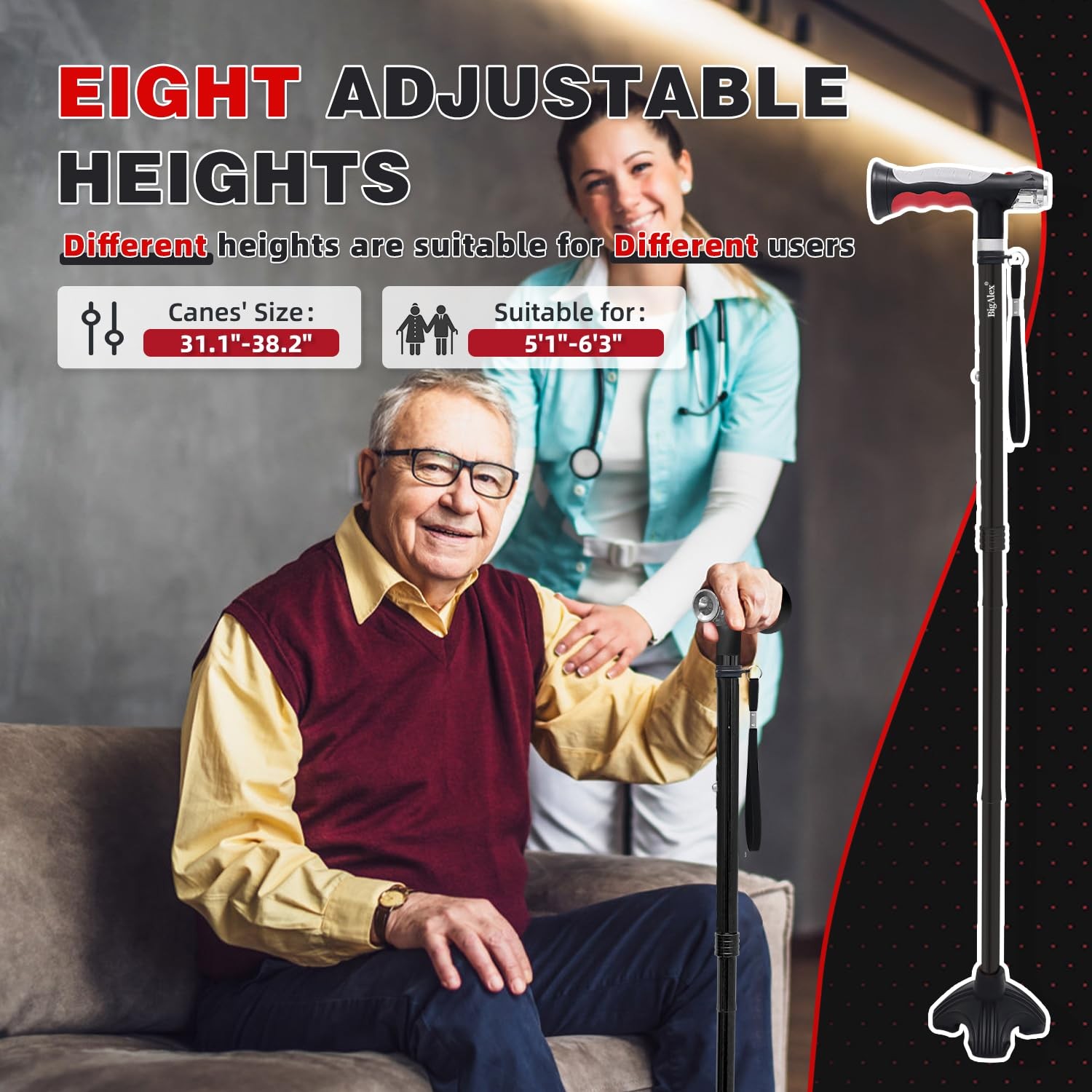BigAlex Folding Walking Cane w/ 2 LED Lights for Elderly, Adjustable, Solid Base