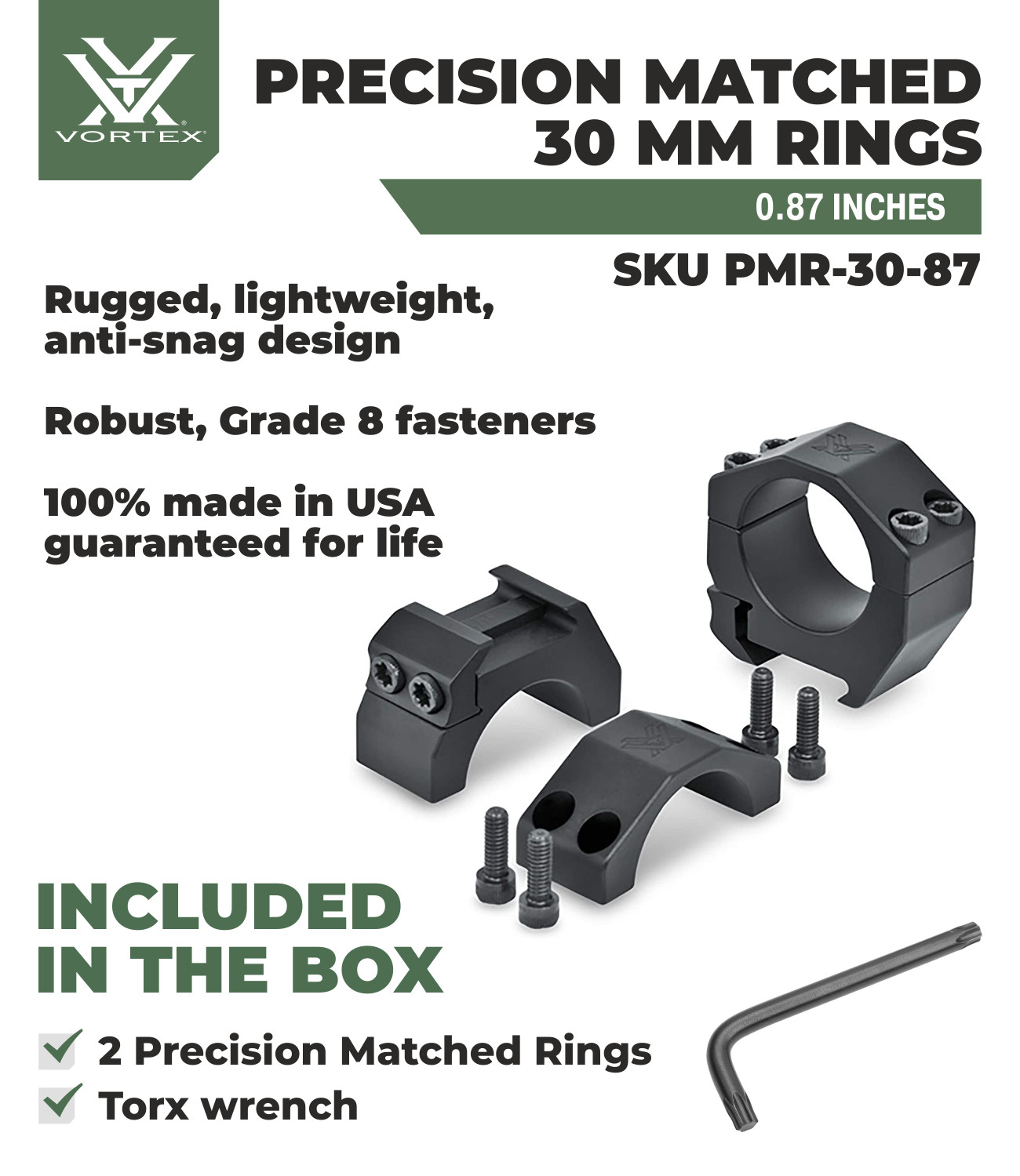 Vortex Optics Precision Match 30mm Ring Set Low .87 in PMR-30-87