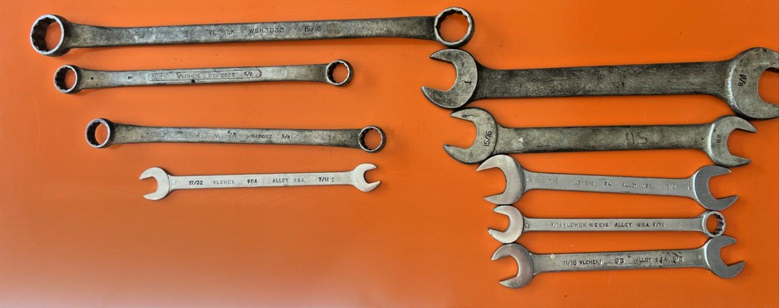 9 pc Vlchek 1" X 1-1/8" Open End Wrench W3236 USA Vintage Lot Set Combo wbh3032