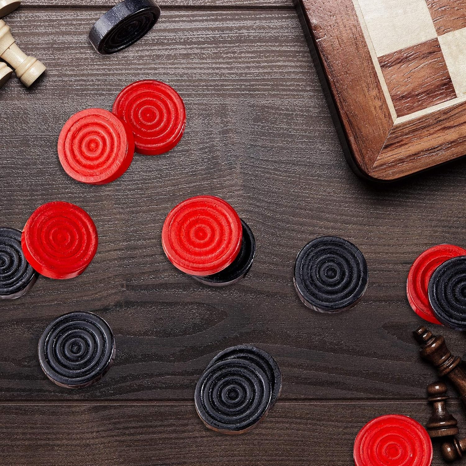 72 Pcs Wooden Checkers Pieces with Stackable Ridge in Drawstring Storage Pouch