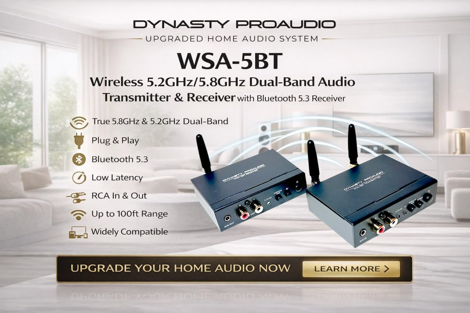WSA-5BT Wireless Audio Adapter with Qualcomm® aptX™ Lossless Bluetooth 5.3 Ch...
