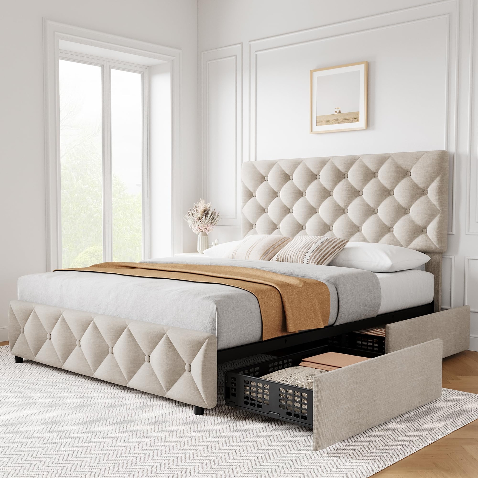 Full Size Upholstered Platform Bed Frame with 4 Drawers, Adjustable Headboard