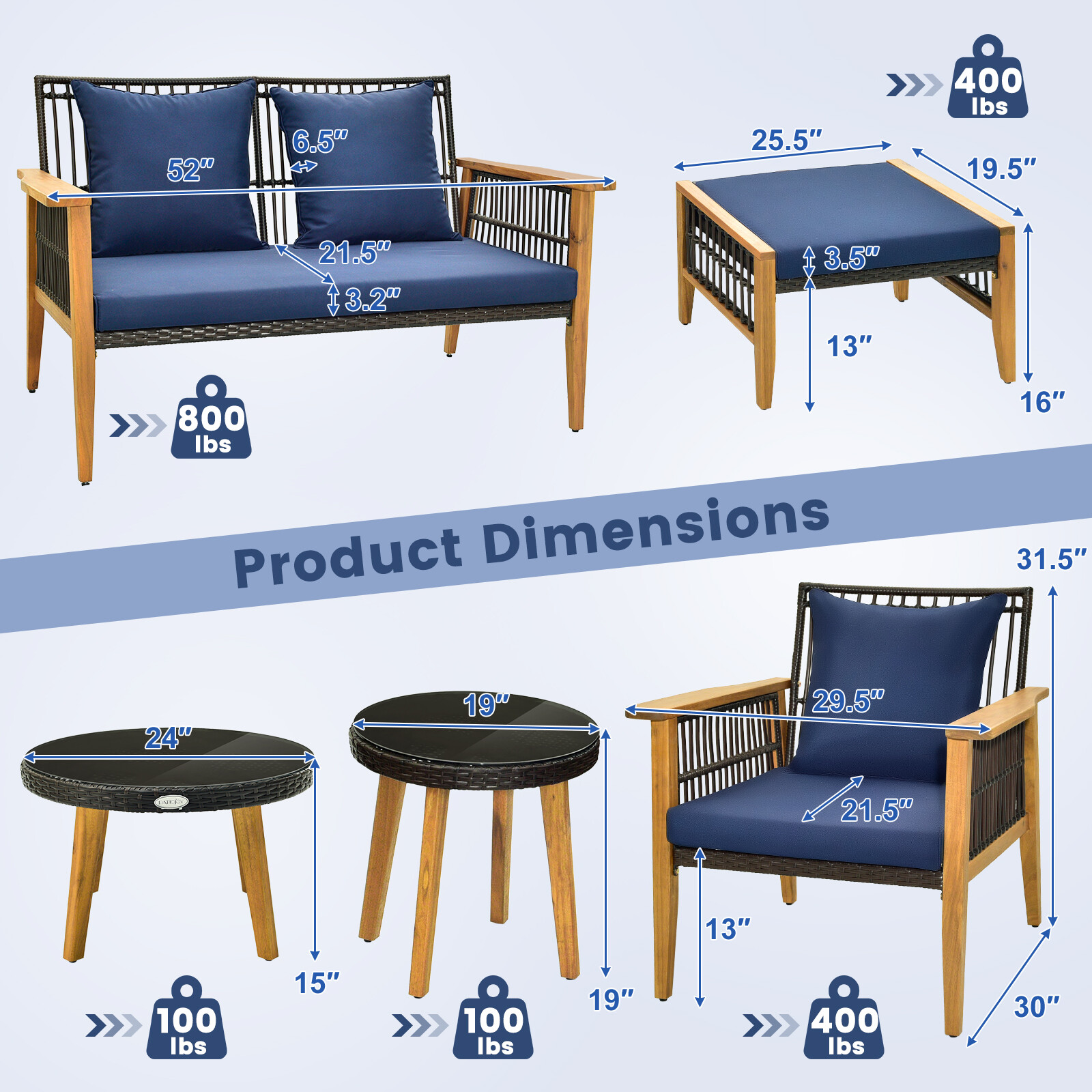 7PCS Conversation Set Rattan Woven Chair Set w/ 2 Coffee Tables & 2 Ottomans