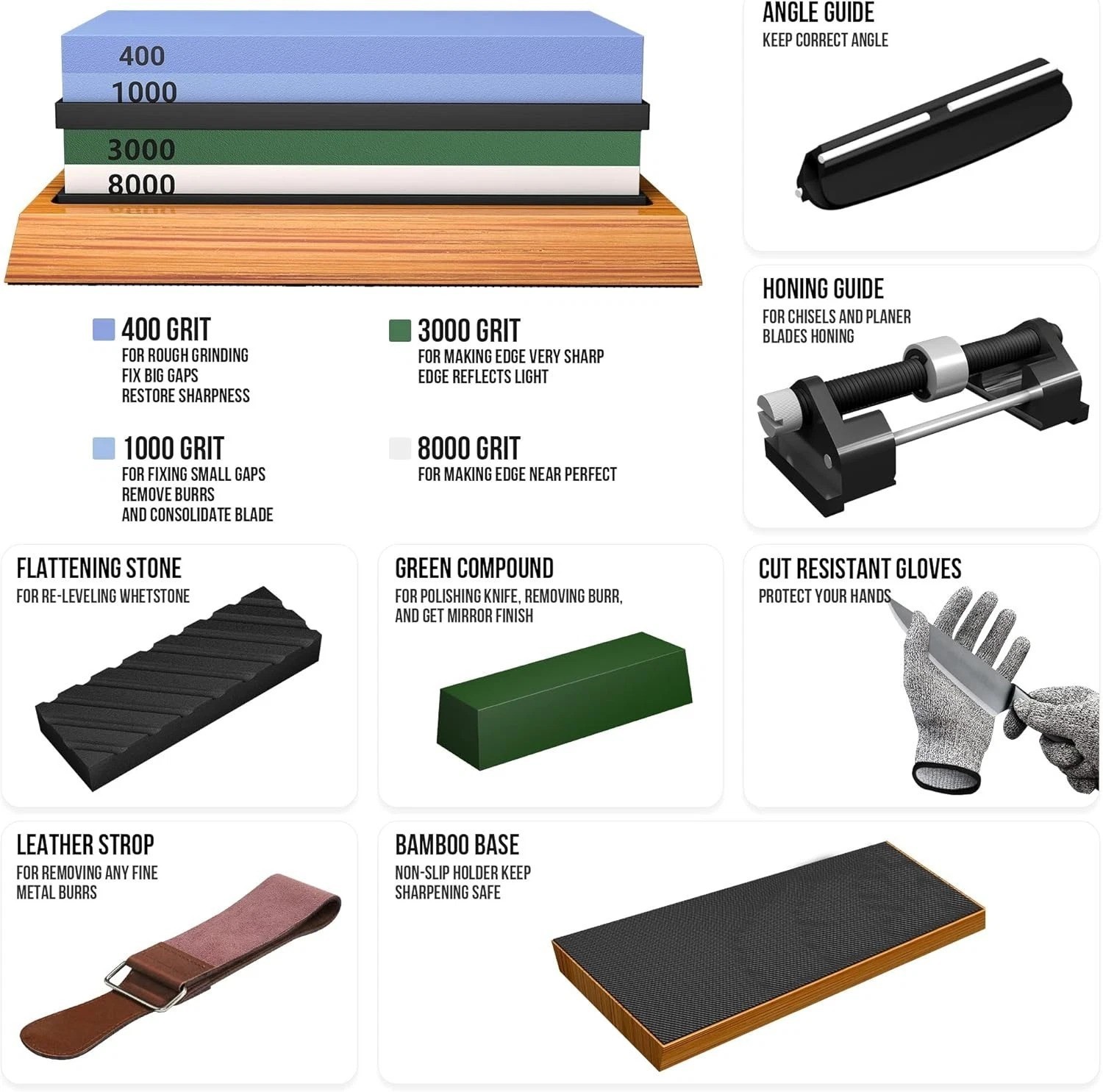 Multi-Purpose Whetstone Knife Sharpener with Cut Resistant Gloves & Strop