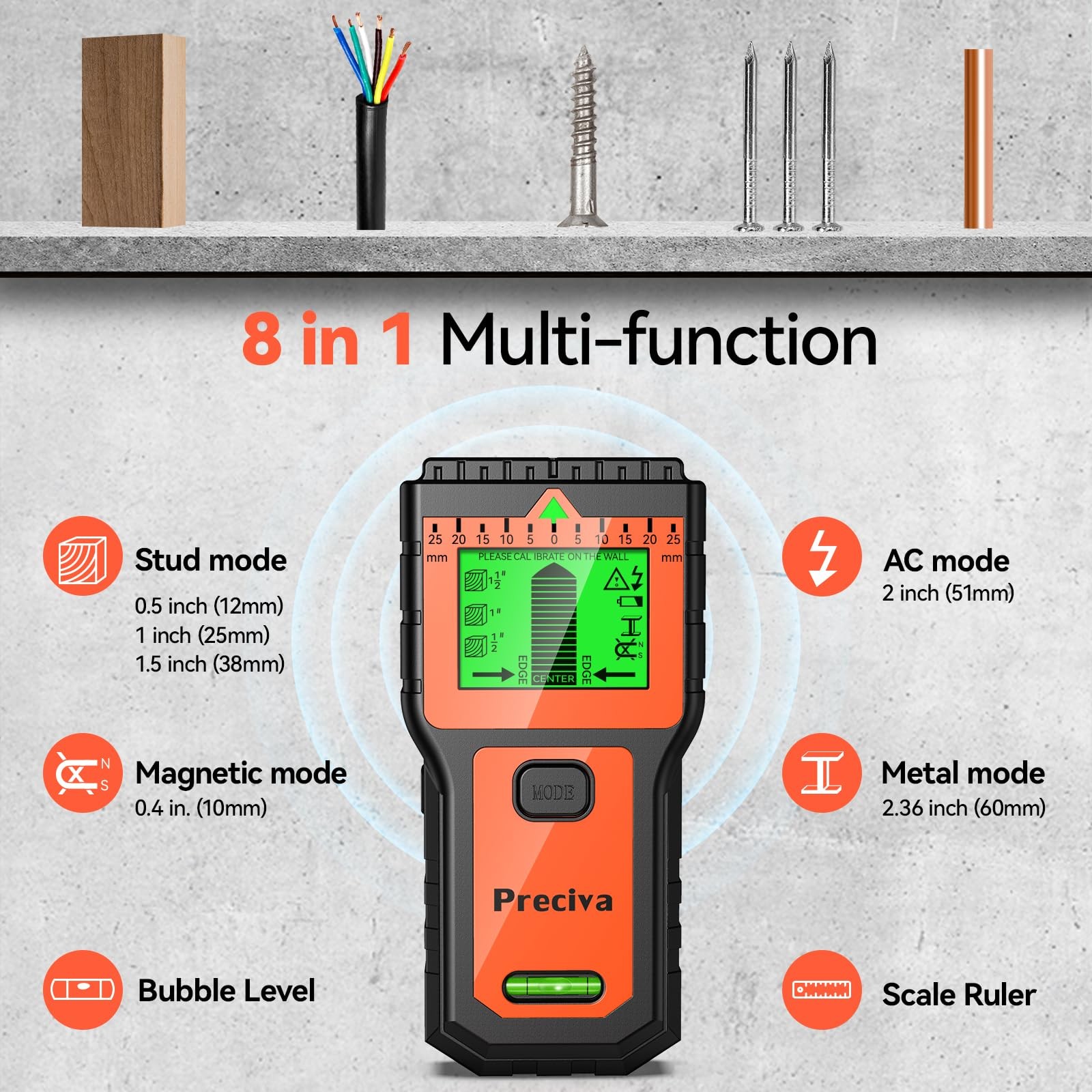 Stud Finder Wall Scanner8 In 1 Multifunctional Wall Detector With 6 Modes & 2 Fu