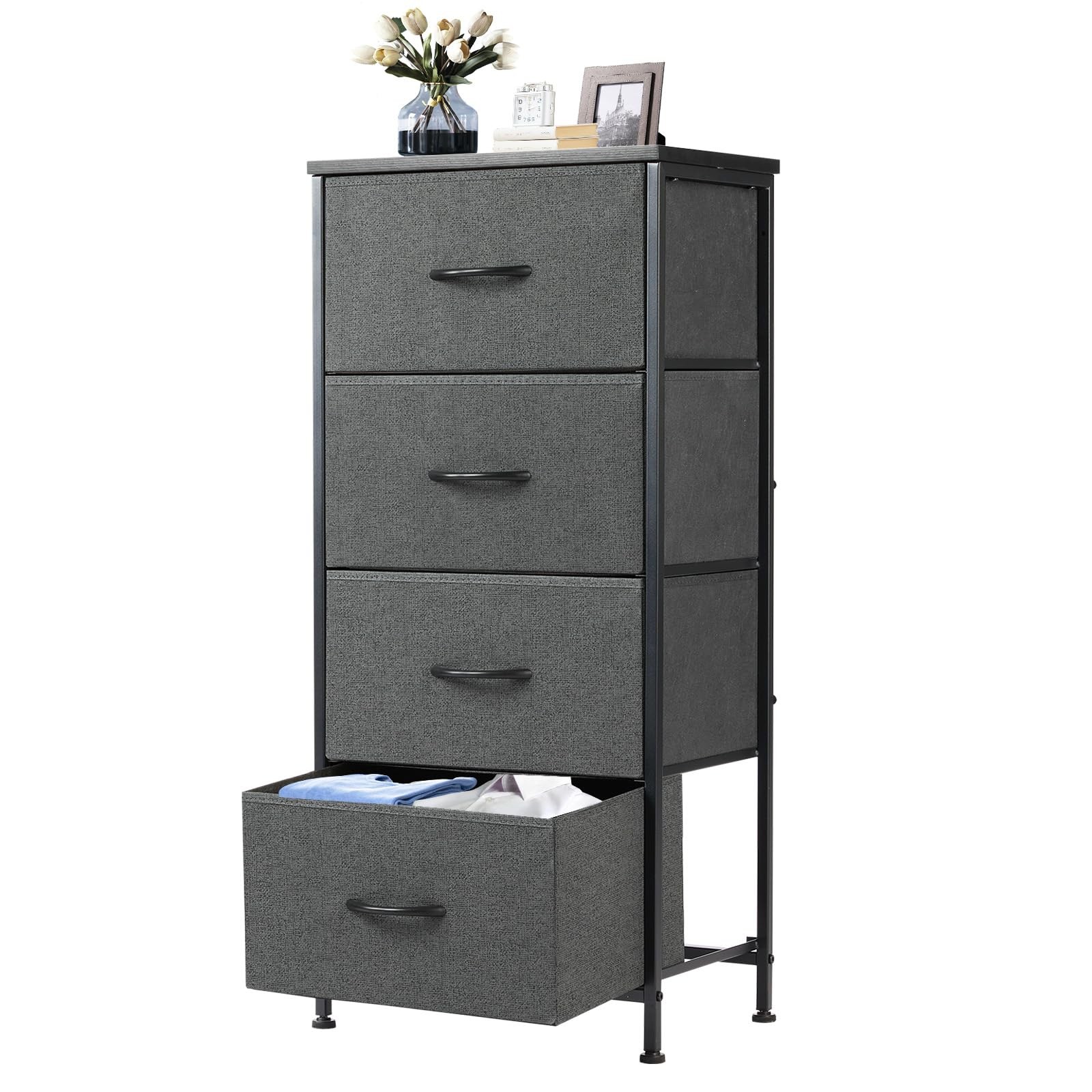 DUMOS Nightstand with 4 Drawers Bedside Table with Removable Fabric Bins Stu...